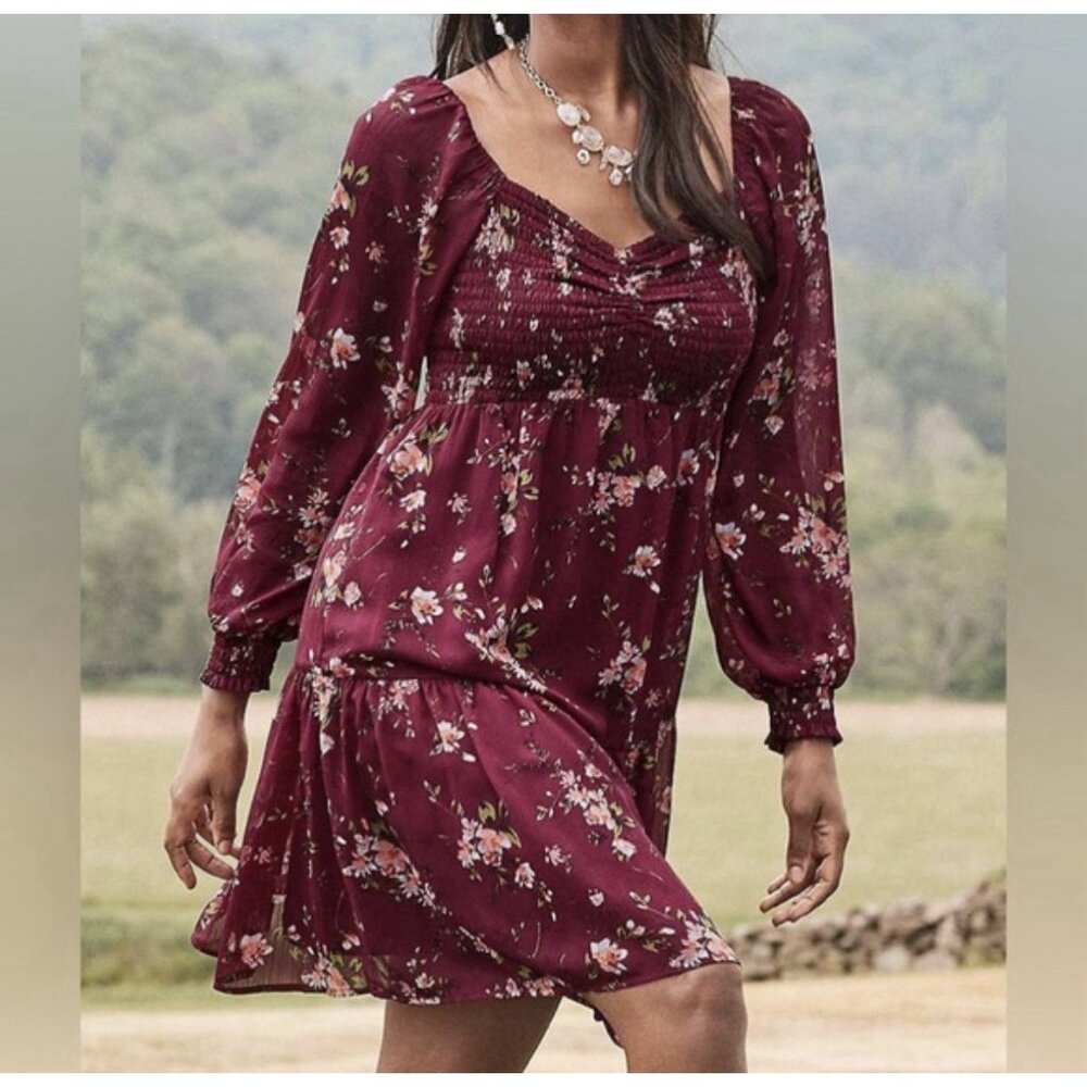 Maurices Size 0x Floral Arbor Smocked Berry Wine Red Long Sheer Sleeve Dress XL